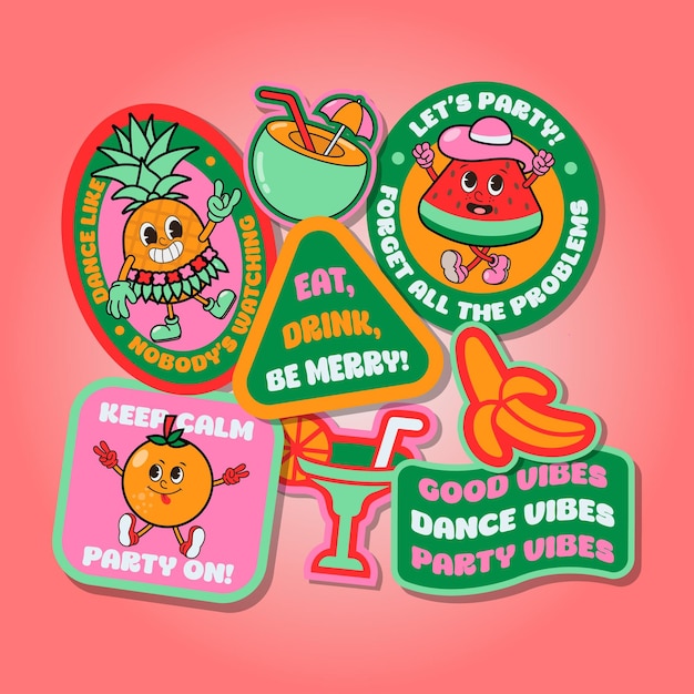 Vector-Retro-Frucht-Sommerparty-Aufkleber oder -Etikett oder -Abzeichen mit motivierenden Zitaten