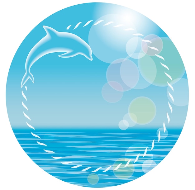 Vector runde sommerhintergrundillustration mit einem delphin, der auf einem weißen hintergrund lokalisiert wird