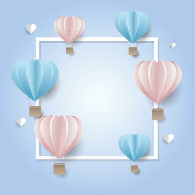 Vector schablonenquadratrahmen der fahne des netten valentinsgrußes, mit den rosa und blauen ballonen. platz kopieren