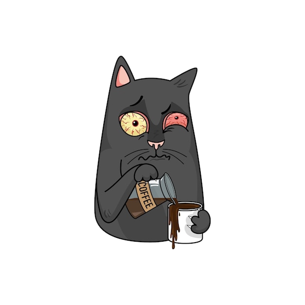 Vector schwarze katze trinkt kaffee und verschüttet an der tasse vorbei. schlafmangel, schlaflosigkeit, stress, rote augen.