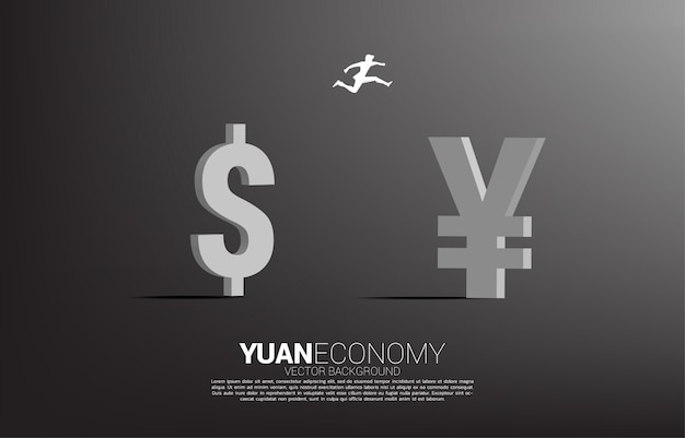 Vector silhouette des geschäftsmannsprungs von dollargeld zu china-yuan-währungsikone. konzept für die chinesische wirtschaft und ära der chinesen.
