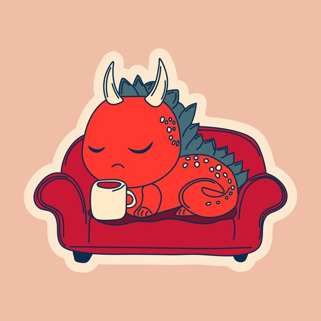 Vector Stock Illustration isolierte Emoji-Charaktere Zeichentrickfilm-Drachen-Dinosaure, der auf dem Sofa liegt