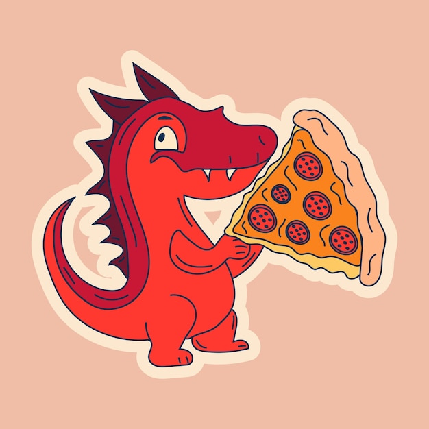 Vector Stock Illustration isolierte Emoji-Charaktere Zeichentrickfilm-Drachen-Dinosaure isst einen Pizza-Aufkleber