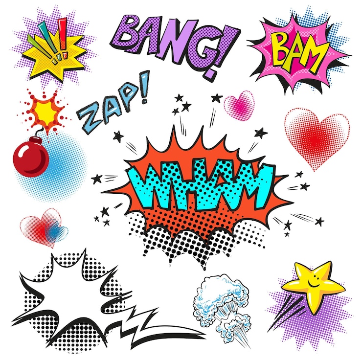 Vektor vector-vintage-pop-art-comic-rede und explosionsblase mit modesätzen und ausdrücken bang zap wham bam
