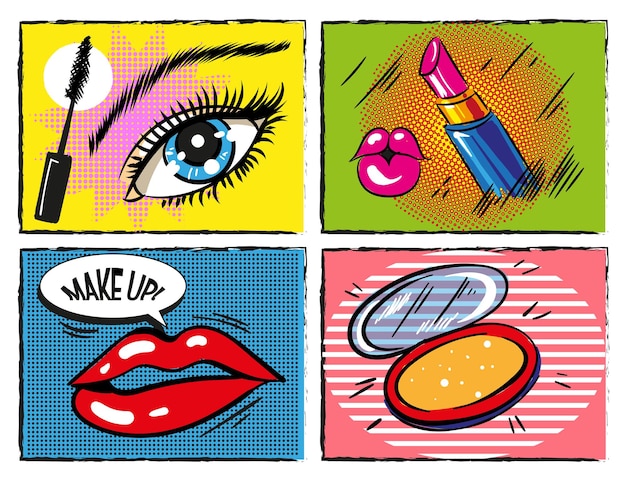 Vektor vector weibliches make-up und kosmetische 2x2 designelemente lipstick mascara blush make-up produkte im pop art retro comic-stil