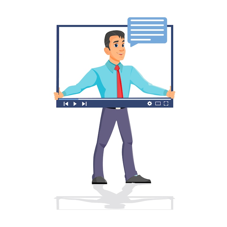 Vektor vector young man hält einen bildschirm und speaking on internet video