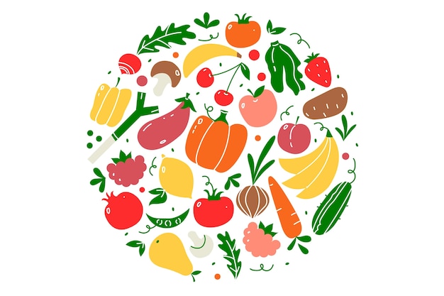 Vegan food doodle set. hand gezeichnete muster obst und beeren gemüse vegetarische ernährung oder menü