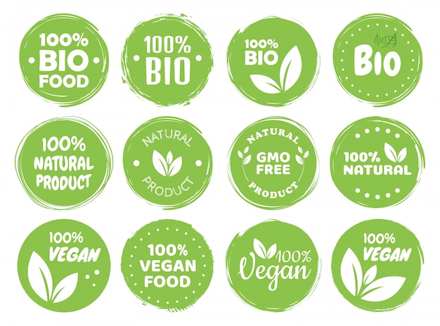 Vegan Food Logo Etiketten und Tags. Vegetarisches Öko, grünes Konzept des Naturprodukts. handgezeichnete Illustration.