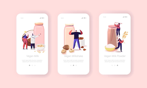 Vegan milk mobile app seite onboard-bildschirmvorlage.