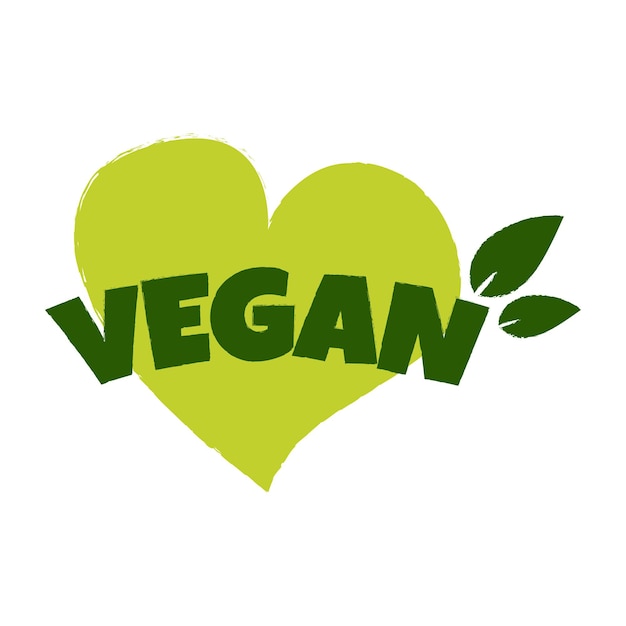 Veganes aufkleberetikett und logo ökologie-symbol logo-vorlage mit herz und blättern für veganes restaurant oder vegane produktvektorillustration isoliert auf weißem hintergrund