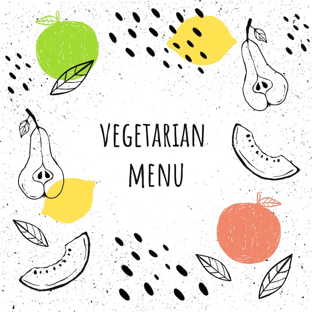 Vegetarier, gezeichnete art der veganen menüschablone in der hand. handgezeichneter stil.