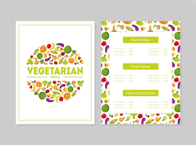 Vegetarische menü-design-vorlage hauptgerichte frische salate heiße und kalte getränke identität des cafés oder restaurants farbige vektorillustration