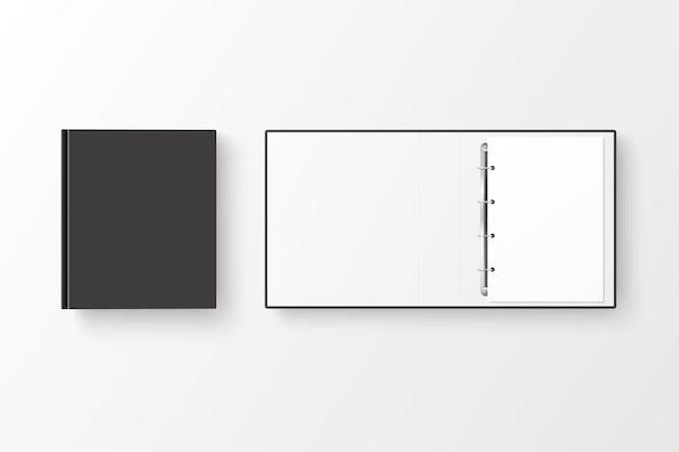 Vektor 3d Geschlossene und geöffnete realistische schwarze leere Büromappe mit Metallringen und A4-Papierblatt Nahaufnahme isoliert auf weißem Hintergrund Design-Vorlage Mockup Draufsicht