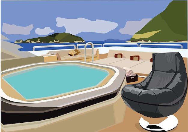 Vektor vektor 3d moderner lounge-sessel jacuzzi im freien luxus-yacht hintergrund himmel wolken grüne inseln meer