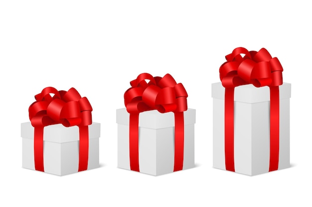 Vektor vektor 3d realistisch geschlossenes papier weiße geschenkbox roter bogen set isoliert neujahr weihnachten valentinstag geburtstag überraschung konzept design-vorlage der geschenkverpackung weiße geschenkboxen draufsicht