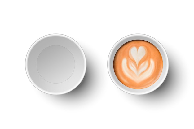 Vektor vektor 3d realistisch papier weiß einweg leer und mit milch kaffee schaum blume herz muster cup set isoliert latte capuccino stock vektor illustration design vorlage ansicht von oben