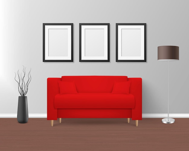 Vektor 3d realistisch Render rotes Sofa Couch mit Kissen im einfachen Stil in modernem Zimmer Apartment Salon Kunstgalerie Wohnzimmer Rezeption Lounge oder Büroeinrichtung weiße Poster an der Wand