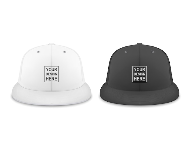 Vektor 3d realistisch Render weiß und schwarz leere Baseballmütze Icon Set Closeup isoliert auf weißem Hintergrund Design-Vorlage für Mockup Branding Werbung Vorder- und Rückansicht