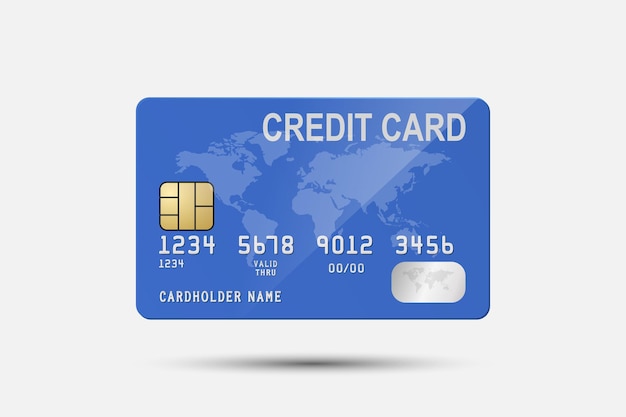 Vektor 3d realistische blaue kreditkarte isolierte designvorlage von plastik-kredit- oder debitkarten für mockup-branding kreditkartenzahlungskonzept frontansicht