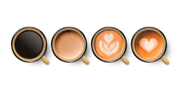 Vektor 3d realistische emaille metall braune tasse mit schwarzem und schaummilchkaffee isoliert auf weißem hintergrund capuccino latte espresso blumenherzmuster draufsicht designvorlage für mock-up