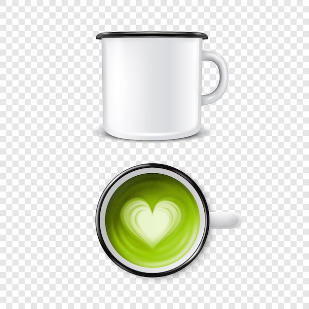 Vektor 3d realistische emaille metall leere weiße tasse mit grünem milchschaum matcha innen isoliert auf transparentem hintergrund vorder- und draufsicht herzmuster designvorlage für mock-up