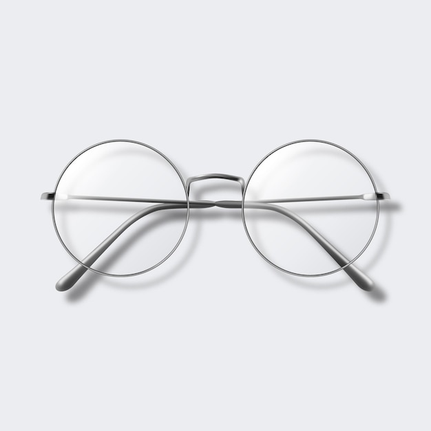 Vektor 3D-Realistische Metall-Rundrahmen-Brille Graue Silber-Stahl-Farbrahmen Farblose durchsichtige Sonnenbrille für Frauen und Männer Zubehör Optik-Linsen Vintage-Trend-Brille Front-Top-View