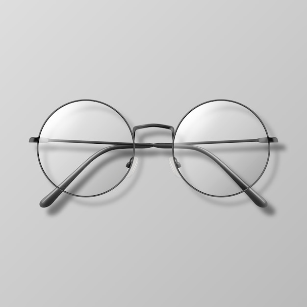 Vektor 3D-Realistische schwarze runde Brille Farblose durchsichtige Sonnenbrille für Frauen und Männer Zubehör Optik Linsen Vintage Trendy Brille Front Top View