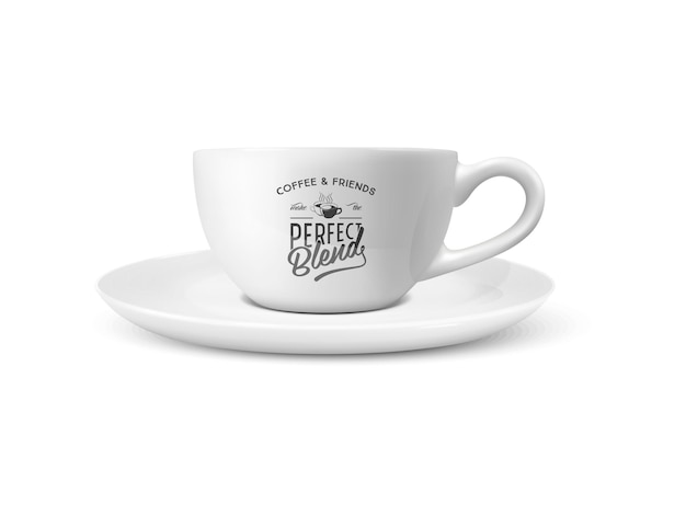 Vektor 3d realistische weiße Porzellan-Keramik-Tasse isoliert auf weißem Hintergrund Tee Kaffeetasse mit Typografie-Zitat-Satz über Kaffee Stock Illustration Design-Vorlage für Mockup-Vorderansicht