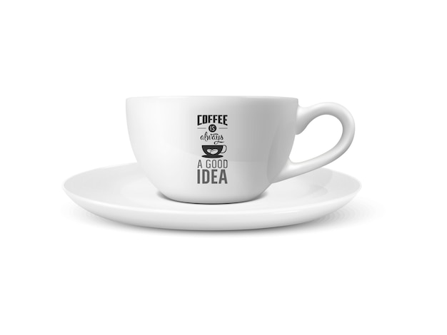 Vektor vektor 3d realistische weiße porzellan-keramik-tasse isoliert auf weißem hintergrund tee kaffeetasse mit typografie-zitat-satz über kaffee stock illustration design-vorlage für mockup-vorderansicht