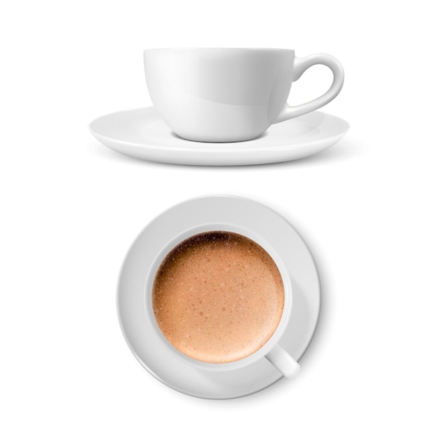 Vektor 3d realistische weiße Porzellan-Keramik-Tasse leer und mit Milchkaffee und Schaum-Set isoliert auf weißem Hintergrund Capuccino Latte Vektor-Illustration Design-Vorlage für Mockup Front Top View