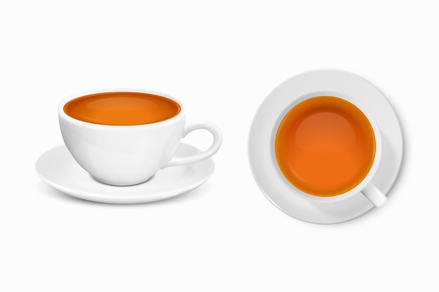 Vektor 3d realistische weiße Porzellan-Keramik-Tasse mit Untertasse Schwarzer roter oder grüner Tee-Set isoliert auf weißem Hintergrund Stock Vector Illustration Design-Vorlage für Mockup Front Top View