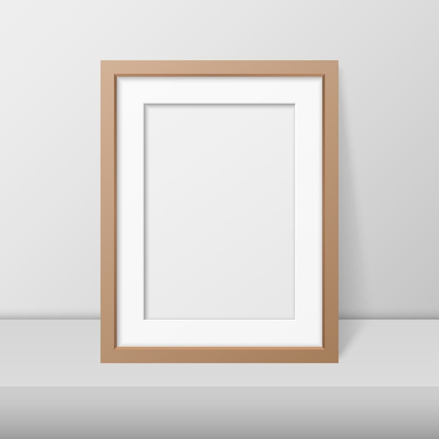 Vektor 3d Realistischer brauner einfacher moderner Holzrahmen A4 auf einem weißen Regal oder Tisch gegen eine weiße Wand Es kann für Präsentationen verwendet werden Designvorlage für Mockup-Vorderansicht