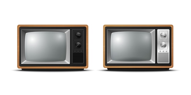 Vektor-3D-Realistischer brauner Retro-Fernseher aus Holz Isolierter Ikonensatz Nahaufnahme Isolierung auf weißem Hintergrund Innenarchitekturkonzept Vintage-Fernsehgerät Fernsehen Frontansicht