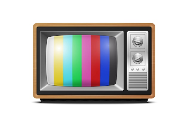 Vektor 3D-Realistischer brauner Retro-Streifen-Fernsehempfänger aus Holz, isoliert