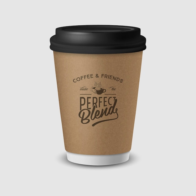 Vektor 3d realistischer Einwegbecher aus braunem Papier mit schwarzem Deckel isoliert auf weißem Hintergrund Typografie-Zitat-Satz über Kaffee Stock Vector Illustration Design Template Vorderansicht