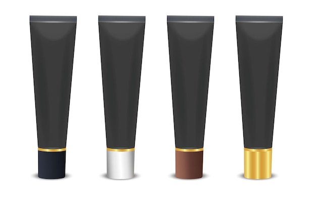 Vektor 3d realistischer Kunststoff schwarz Lippenbalsam Creme Tube Lippenstift Verpackungsset isoliert auf weißem Hintergrund Design-Vorlage von Zahnpasta Kosmetik Creme Zahnpasta für Mockup Ansicht von oben