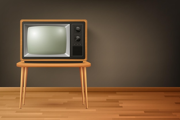 Vektor 3D-realistischer Retro-TV-Empfänger auf Holzboden Innenarchitekturkonzept