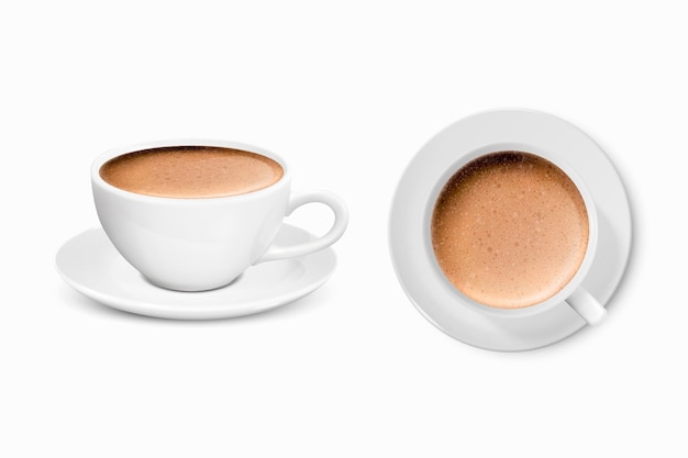 Vektor 3d Realistischer weißer Porzellan-Keramikbecher mit Milchkaffee und Schaumset isoliert auf weißem Hintergrund Capuccino Latte Stock Vector Illustration Design Template für Mockup Front Top View