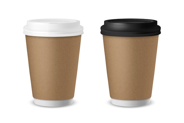 Vektor 3d realistisches Papier oder Kunststoff braun Einweg-Tee-Kaffeetassen-Set mit weißem und schwarzem Deckel isolierte Design-Vorlage für Aktienvektorillustrationen Vorderansicht