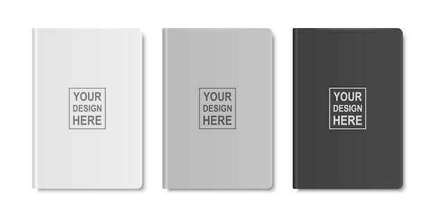 Vektor 3d Realistisches weißes graues schwarzes geschlossenes leeres Papier-Notizbuch-Set isoliert auf weißem Hintergrund Design-Vorlage von Copybook für Mockup-Logo-Druck-Draufsicht