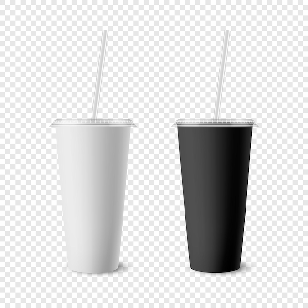 Vektor 3d realistisches weißes schwarzes Papier Einwegbecher Set mit Deckel Strohhalm für Getränke Getränke isoliert Kaffee Soda Tee Cocktail Milchshake Designvorlage der Verpackung für Mockup Vorderansicht