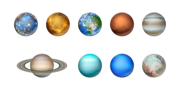 Vektor 3d Realistisches Weltraumplaneten-Icon-Set isoliert auf weißem Hintergrund Planeten des Sonnensystems Galaxy Astronomie-Weltraumforschungskonzept