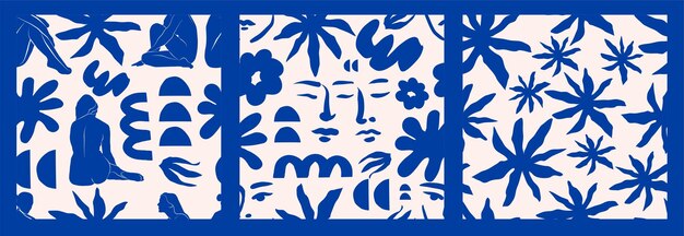 Vektor vektor abstrakte feminine frauenfiguren illustration nahtloses muster matisse inspirierte blaue natur