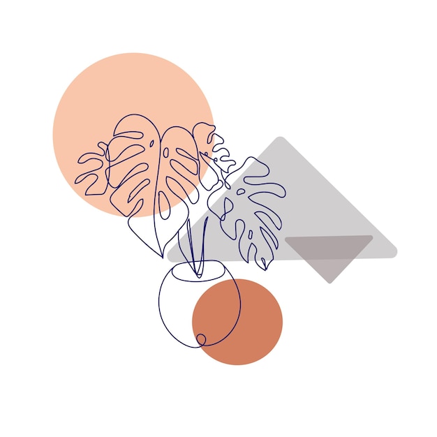 Vektor abstrakte illustration mit einer heimischen pflanzenblume monstera in einem blumentopf auf geometrischen formen