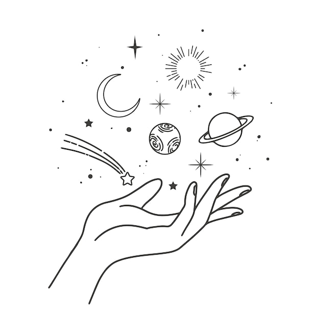 Vektor-abstrakte Logo-Design-Vorlage im trendigen linearen Minimalstil übergibt Mond-Sonne-Planeten und Sterne abstraktes Symbol für Kosmetik und Verpackung von handgefertigtem Schmuck oder Schönheitsprodukten