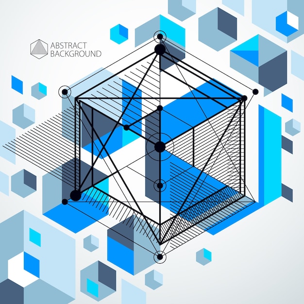 Vektor abstrakter blauer hintergrund, der im isometrischen maschenlinienstil erstellt wurde. mechanisches schema, vektorkonstruktionszeichnung mit würfel- und mechanismusteilen. perfekter hintergrund für ihre designprojekte