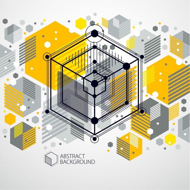 Vektor abstrakter gelber Hintergrund, der im Stil isometrischer Maschenlinien erstellt wurde. Mechanisches Schema, Vektorkonstruktionszeichnung mit Würfel- und Mechanismusteilen. Perfekter Hintergrund für Ihre Designprojekte