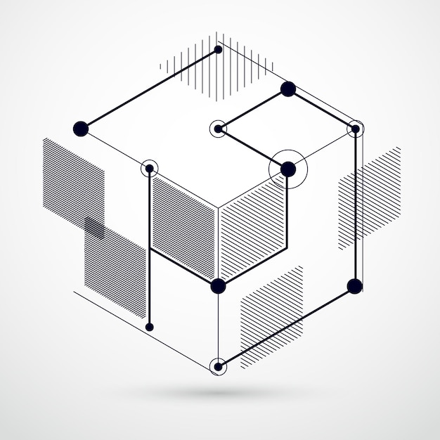 Vektor abstrakter schwarz-weißer hintergrund, der im stil isometrischer maschenlinien erstellt wurde. mechanisches schema, vektorkonstruktionszeichnung mit würfel- und mechanismusteilen. perfekter hintergrund für ihre designs