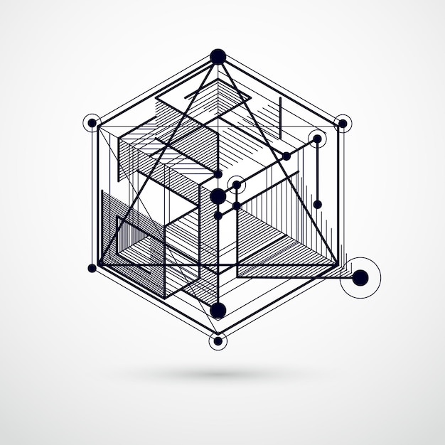 Vektor abstrakter schwarz-weißer hintergrund, der im stil isometrischer maschenlinien erstellt wurde. mechanisches schema, vektorkonstruktionszeichnung mit würfel- und mechanismusteilen. perfekter hintergrund für ihre designs