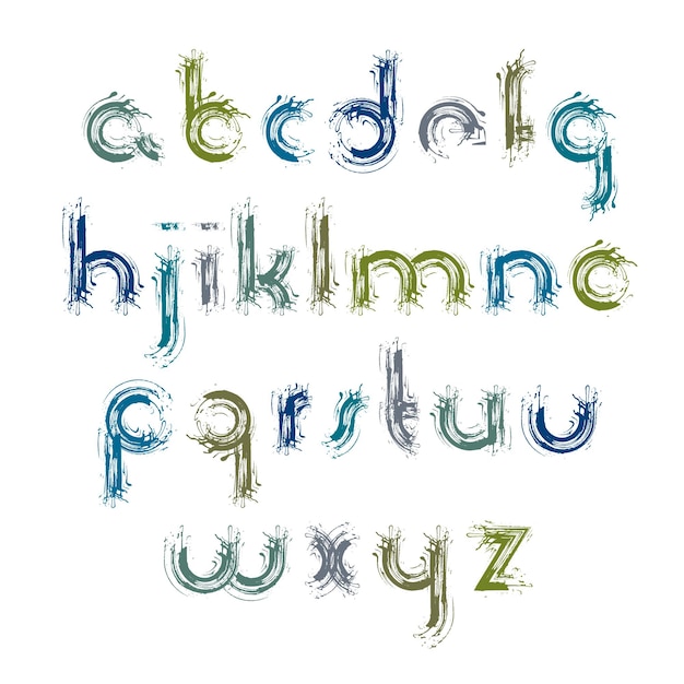 Vektor-acryl-alphabet-buchstaben-set, handgezeichnetes buntes skript, helle kleine buchstaben mit tintenpinsel gezeichnet, helle schriftart schmieren.